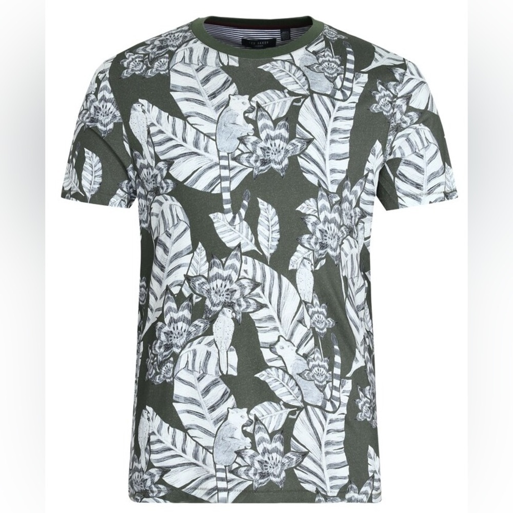 Ted Baker BULSEYE Khaki Green Short Sleeved Floral Lemur Novelty Soft Tshirt, S